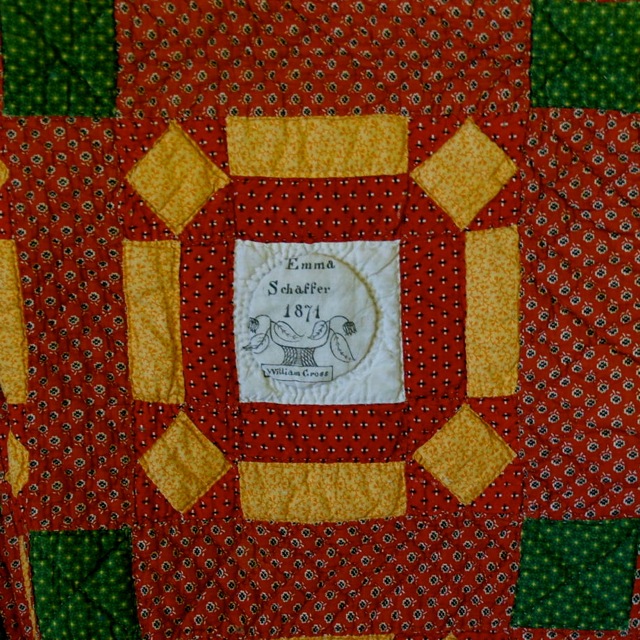 ILL. 6a Emma Schaffer Fraktur Quilt Owner Block, 1871. Goschenhoppen Historians Inc. (2004.06.01), Green Lane, PA. Photo Image © Del-Louise Moyer