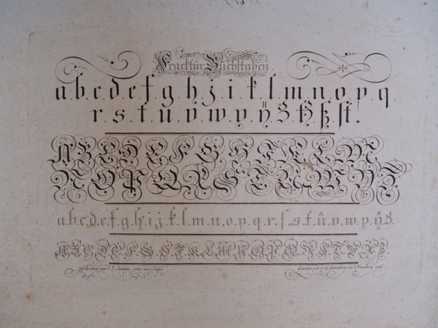 ILL. 9 . Fraktur alphabet from J. J. Brunner’s Vorschrift zu nützlicher Nachahmung...: ca. 1767. Courtesy of Schwenkfelder Library & Heritage Center. Photo image © Del-Louise Moyer.